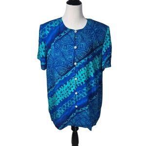 John Roberts Vintage 16W Blue Button-Up Shirt Short Sleeve Jacket Shoulder Pads